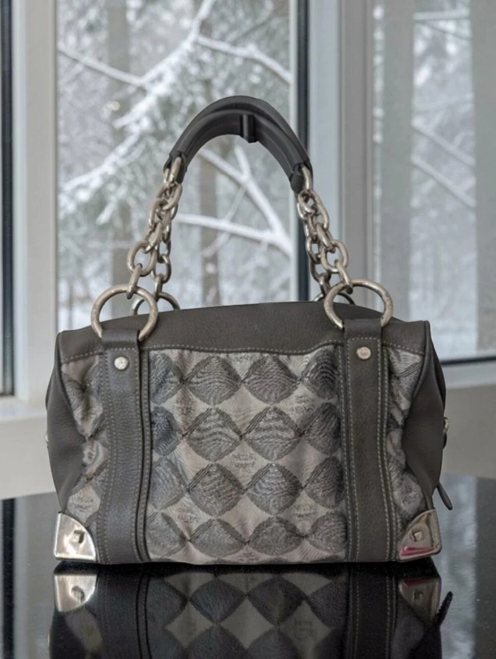 MCM Gray and Silver Harlequin Satchel with Dust Bag